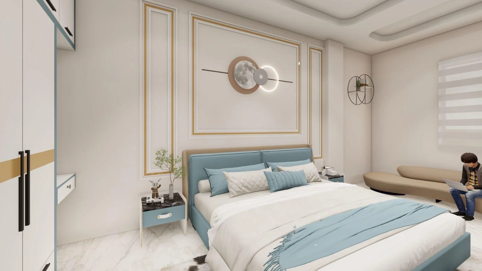 Modern bedroom with light blue bed frame, white bedding, gold-accented wall decor, and a beige curved sofa.