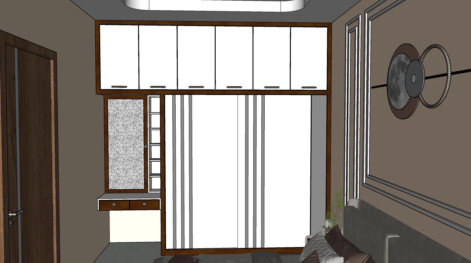 Modern bedroom interior with built-in wardrobe, vanity, and geometric wall art.