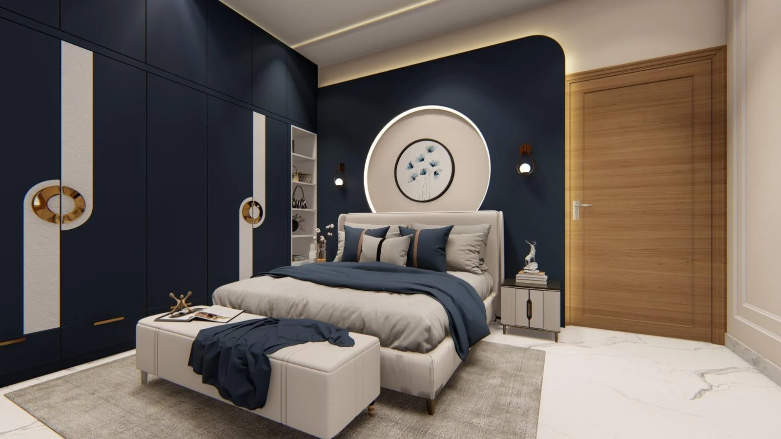 Modern bedroom with blue accent wall, built-in storage, upholstered bed, and decorative accents.