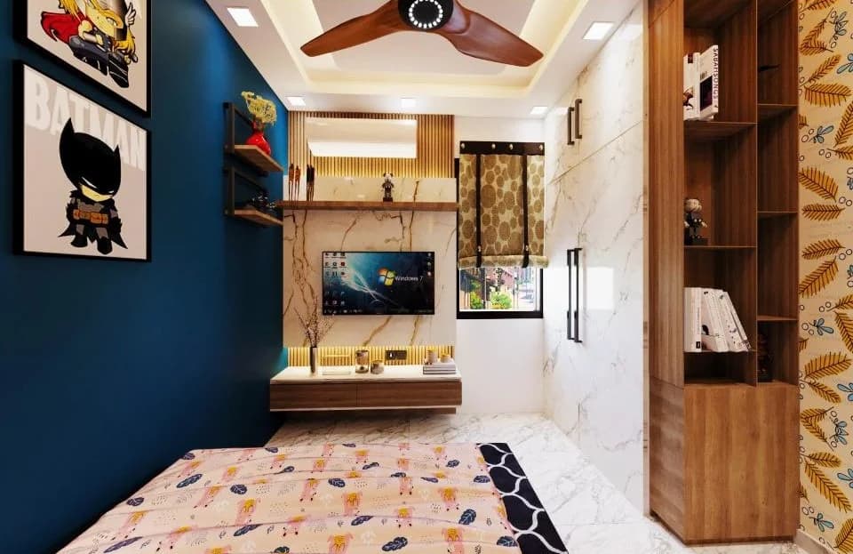 Modern bedroom with blue accent wall, marble walls, wooden bookshelf, and cartoon artwork.