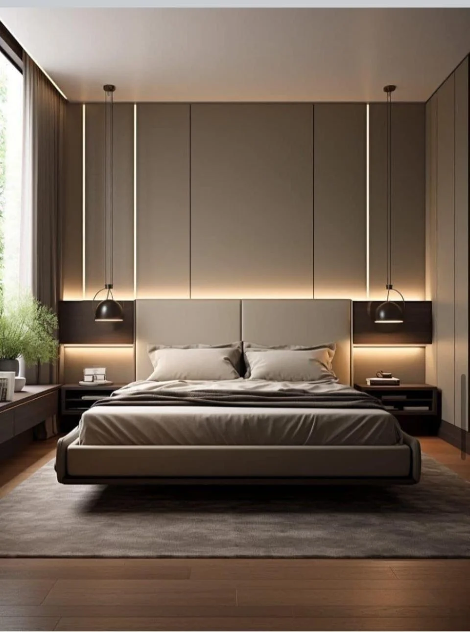 Modern bedroom with floating bed, neutral colors, and soft lighting.