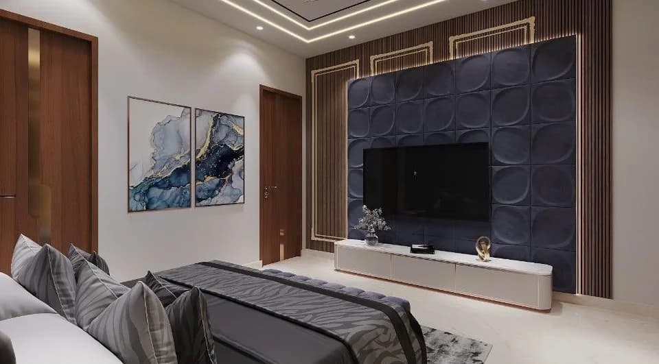 Modern bedroom with a navy blue textured wall, wooden accents, abstract art, and gray linens.