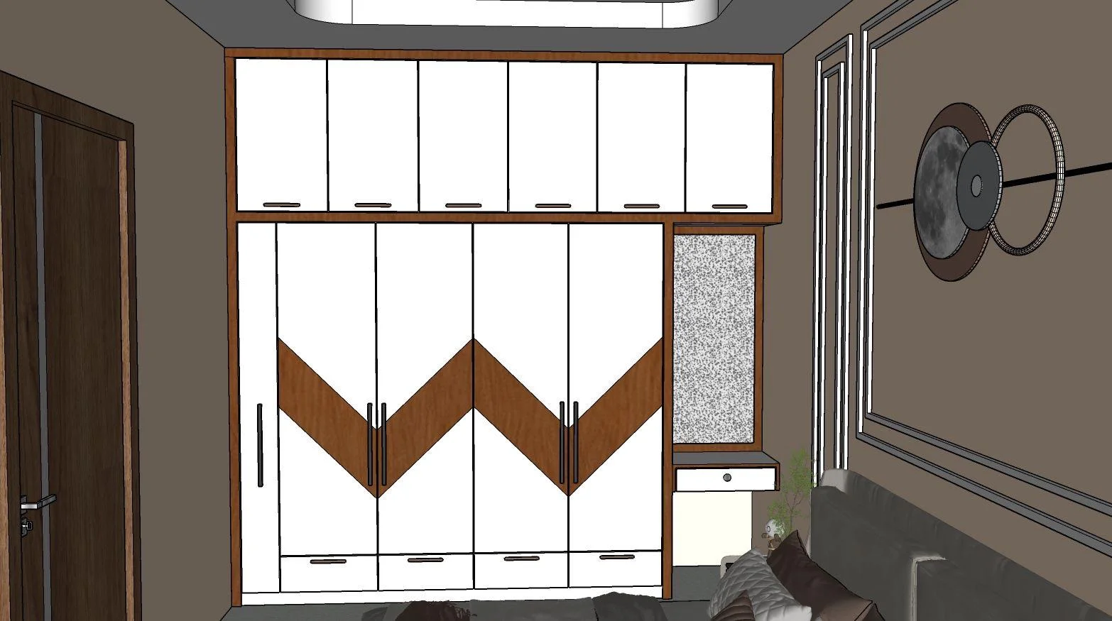 Modern bedroom with white and brown wardrobe, decorative wall art, and neutral bed.