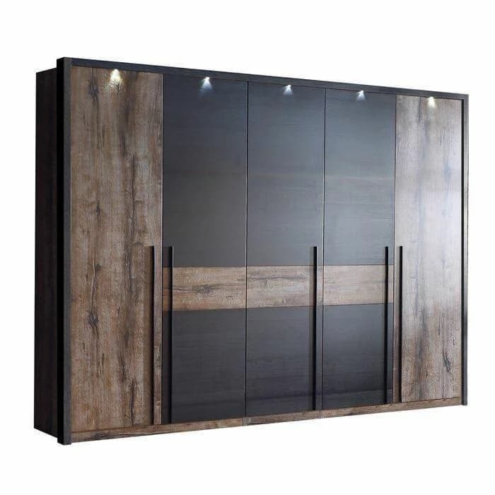 Modern six-door wardrobe with wood and dark gray finish and integrated LED lighting.