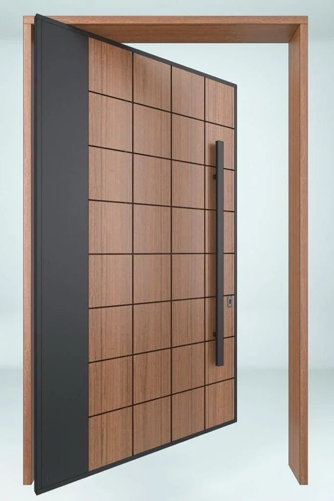 Modern wood panel front door with black handle, partially open.