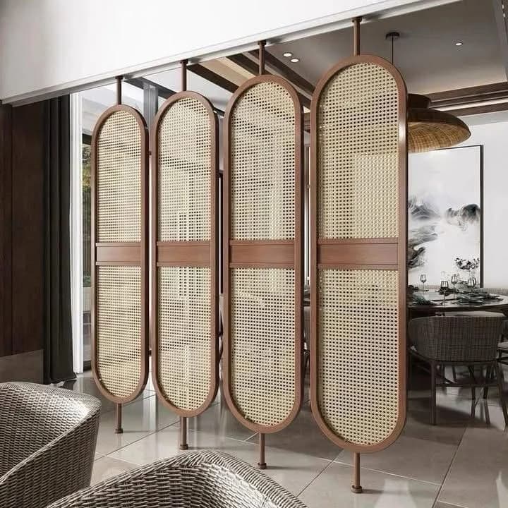 Rattan screen room divider in a modern interior.