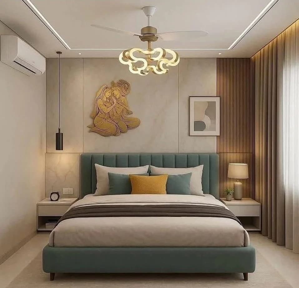 Bedroom with teal bed, modern lighting, and artistic wall decor.