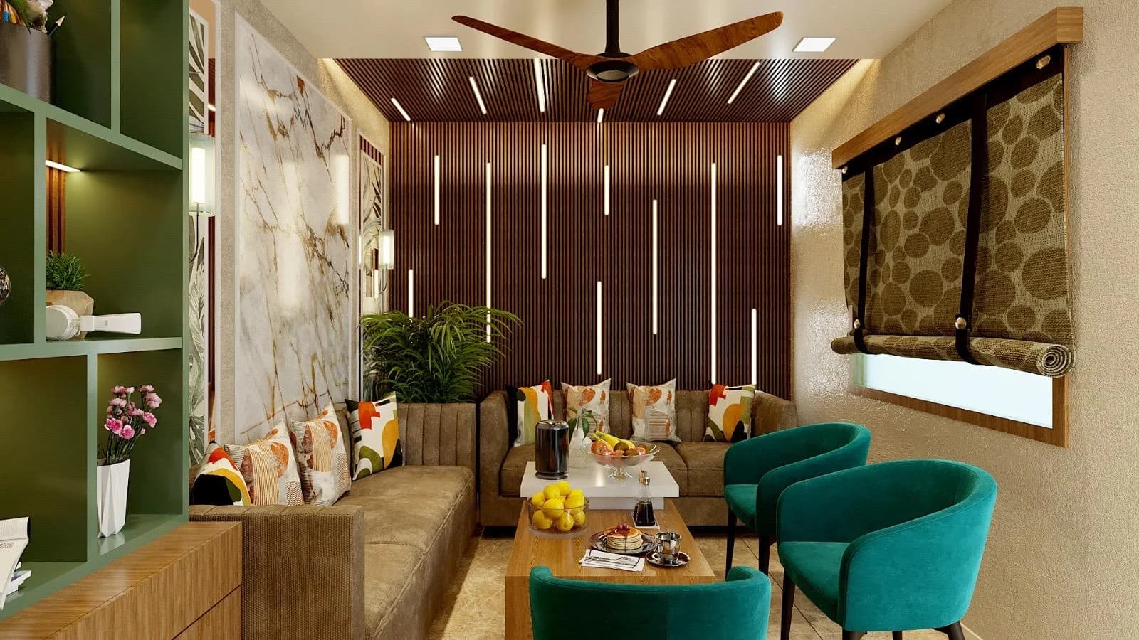 Inviting living room with brown slat wall, brown sofa, and emerald green chairs.