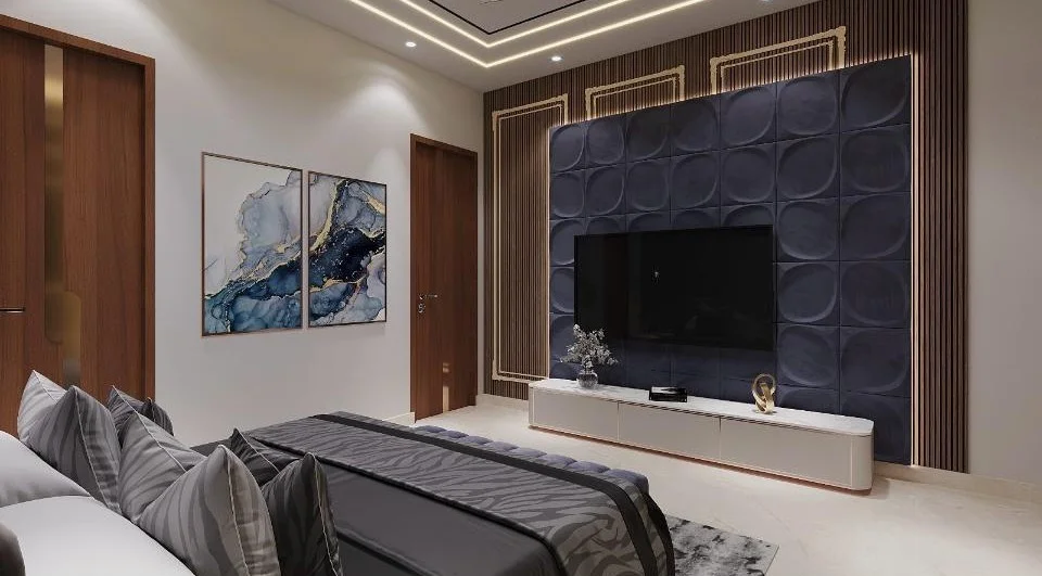 Modern bedroom with a navy blue textured wall, wooden accents, abstract art, and gray linens.