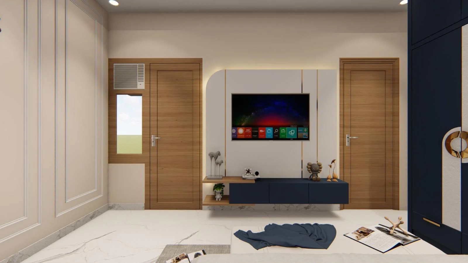 Modern bedroom interior with a TV mounted on a wall panel, floating shelves, and a marble floor.